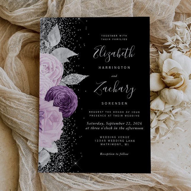 Floral Purple Silver Glitter Black Wedding Invitation (An elegant choice for a wedding with a purple, silver and black color palette.)