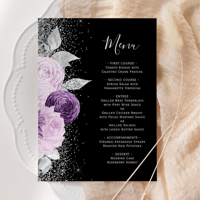 Floral Purple Silver Glitter Black Wedding Menu (Creator Uploaded)