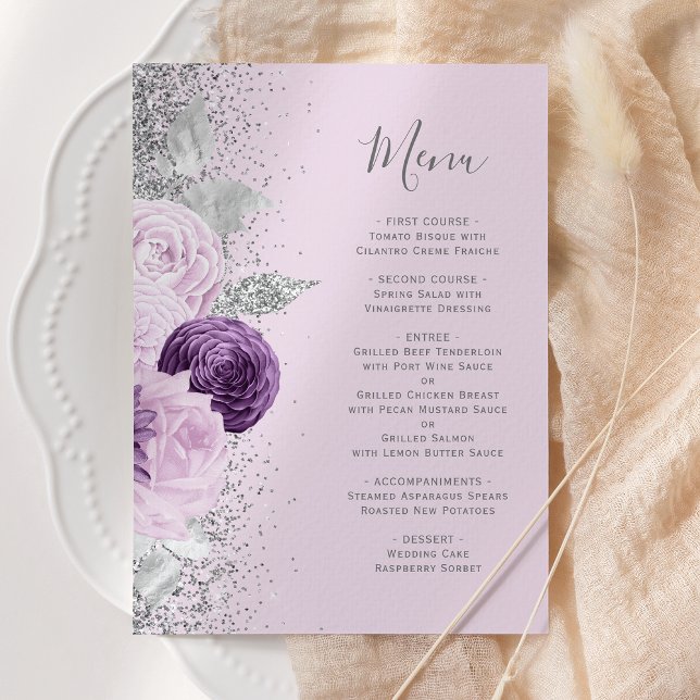 Floral Purple Silver Glitter Lavender Wedding Menu (Creator Uploaded)