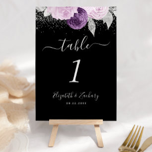 Floral Purple Silver Glitter Wedding Table Number