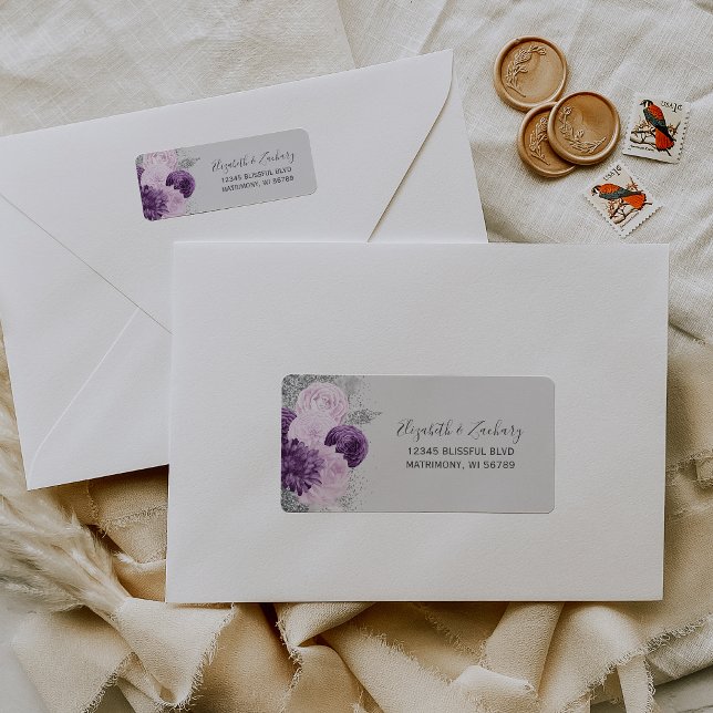 Floral Purple Silver Grey Wedding Return Address (Creator Uploaded)