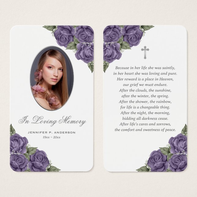 Floral Purple Silver Memorial Funeral Prayer Card (Front & Back)