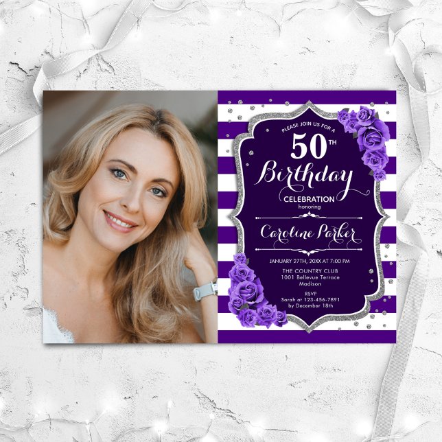 Floral Purple Silver Photo 50th Birthday Invitation (Creator Uploaded)