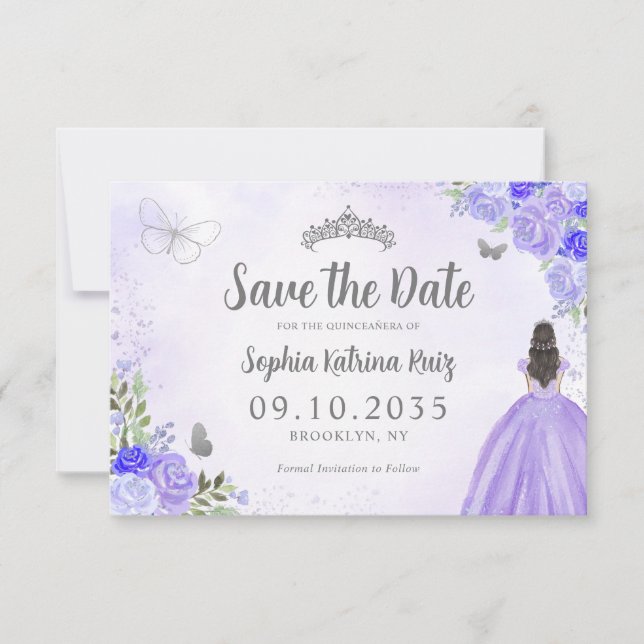 Floral Purple Silver Princess Birthday Quinceanera Save The Date (Front)