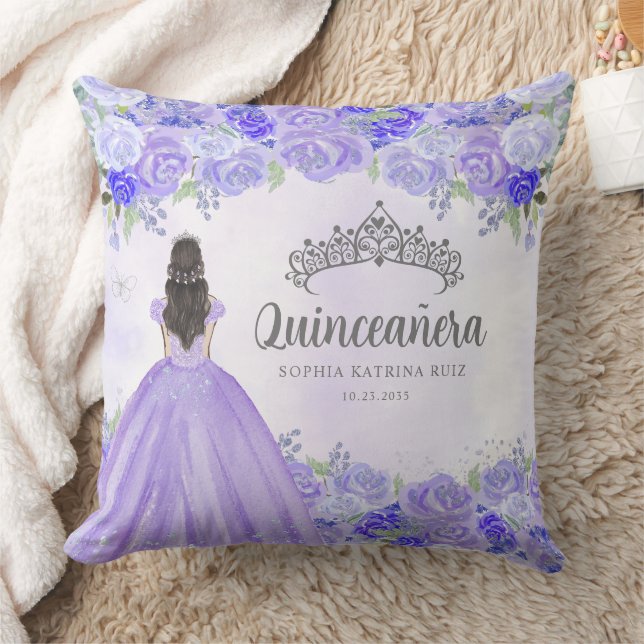 Floral Purple Silver Princess Tiara Quinceanera Cushion (Blanket)