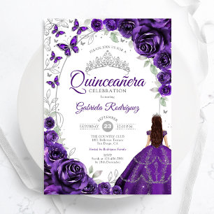 Floral Purple Silver Quinceanera Invitation