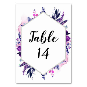Floral Purple & Silver Wedding Reception Seating Table Number