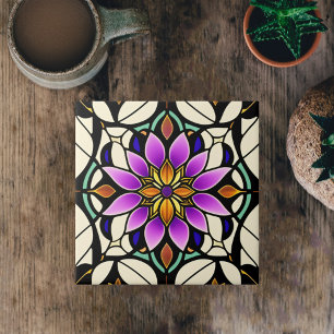 Floral Purple Stained Glass Artwork Tile