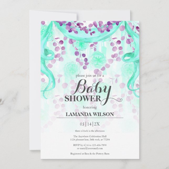Floral Purple & Teal Banner Baby Shower Invitation (Front)