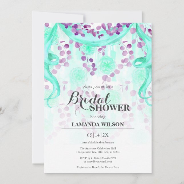 Floral Purple & Teal Banner Bridal Shower Invitation (Front)