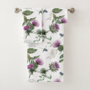 Floral Purple Thistle Pattern Design Bath Towel Set