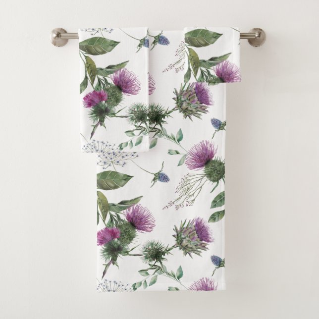 Floral Purple Thistle Pattern Design Bath Towel Set (Insitu)
