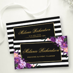 Floral Purple Ultra Violet Gold Striped Black Business Card