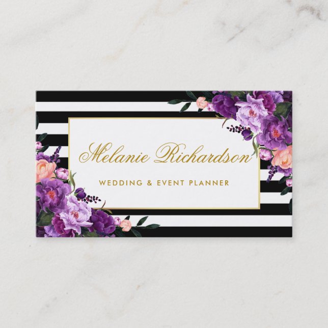 Floral Purple Ultra Violet Gold Striped Business Card (Front)