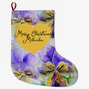 Floral Purple Viola Pansy Christmas Girls Name Large Christmas Stocking