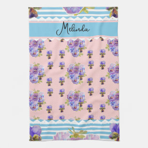 Floral Purple Viola Pastel Pink Pansy Womans Name Tea Towel