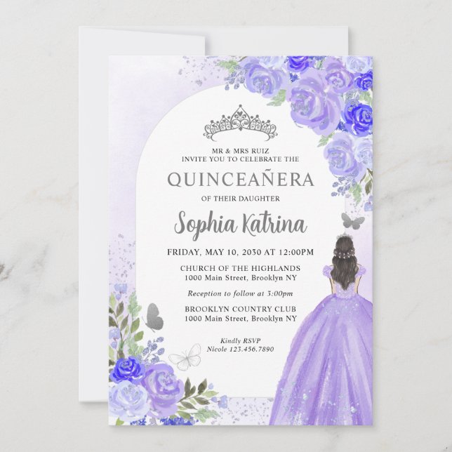 Floral Purple Violet Princess Birthday Quinceanera Invitation (Front)