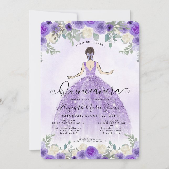 Floral Purple Violet Princess Birthday Quinceanera Invitation (Front)