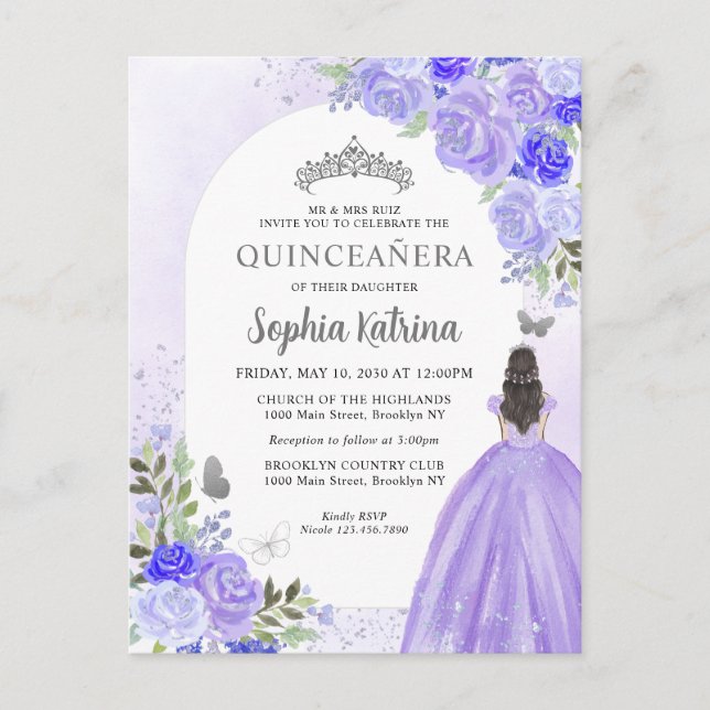 Floral Purple Violet Princess Birthday Quinceanera Invitation Postcard (Front)
