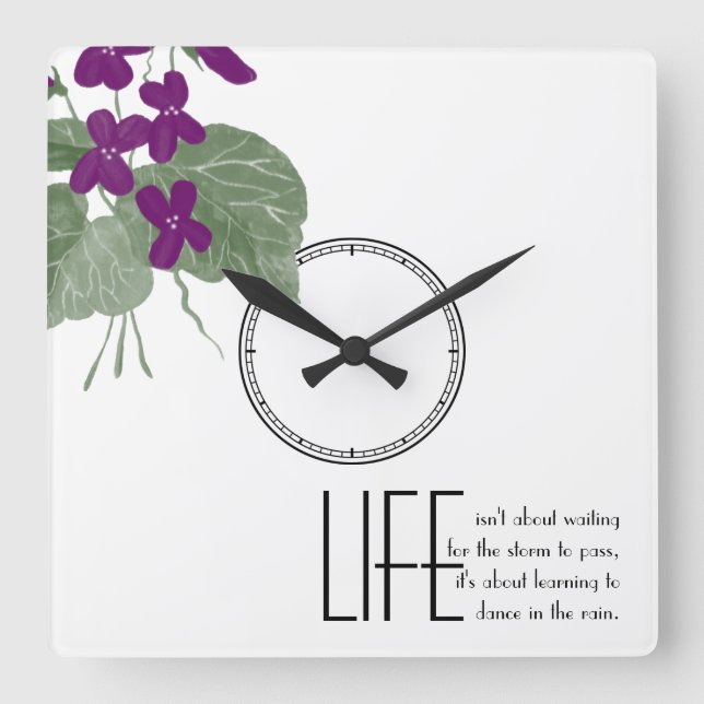 Floral Purple Violets Life Quote Square Wall Clock (Front)