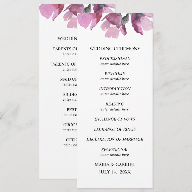 Floral purple watercolor bouquet Wedding Program Invitation (Front/Back)
