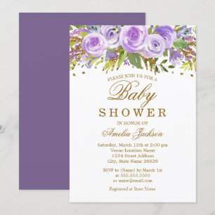 Floral Purple Watercolor Gold Baby Shower Invitation