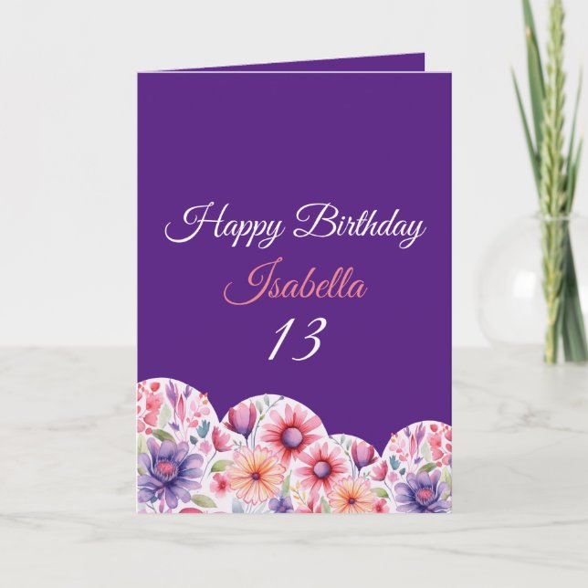 Floral Purple Watercolor Heart 13th Birthday Card (Front)