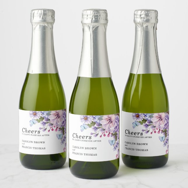 Floral Purple Watercolor Wedding Cheers Sparkling Wine Label (Bottles)
