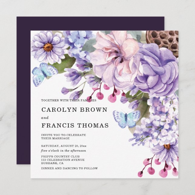 Floral Purple Watercolor Wedding Invitation (Front/Back)