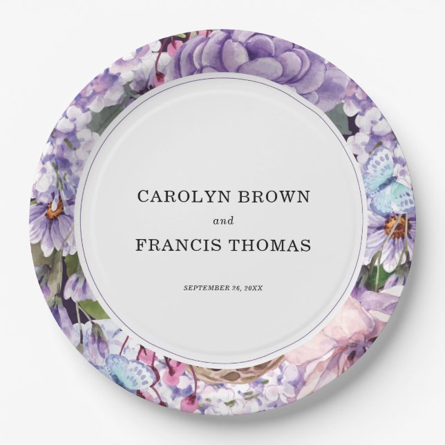 Floral Purple Watercolor Wedding Personalised Paper Plate (Front)