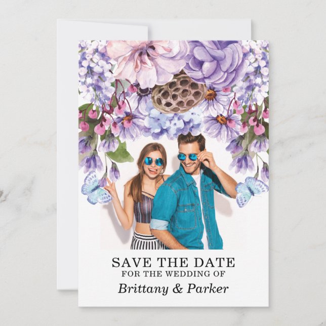 Floral Purple Watercolor Wedding Photo Save The Date (Front)