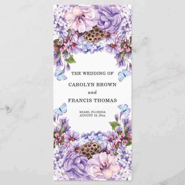Floral Purple Watercolor Wedding Program Programme (Front)