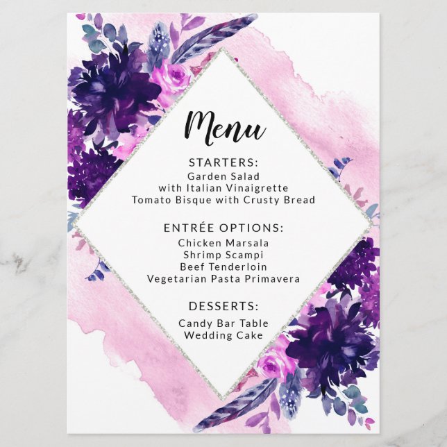 Floral Purple Watercolor Wedding Reception Dinner Menu (Front)