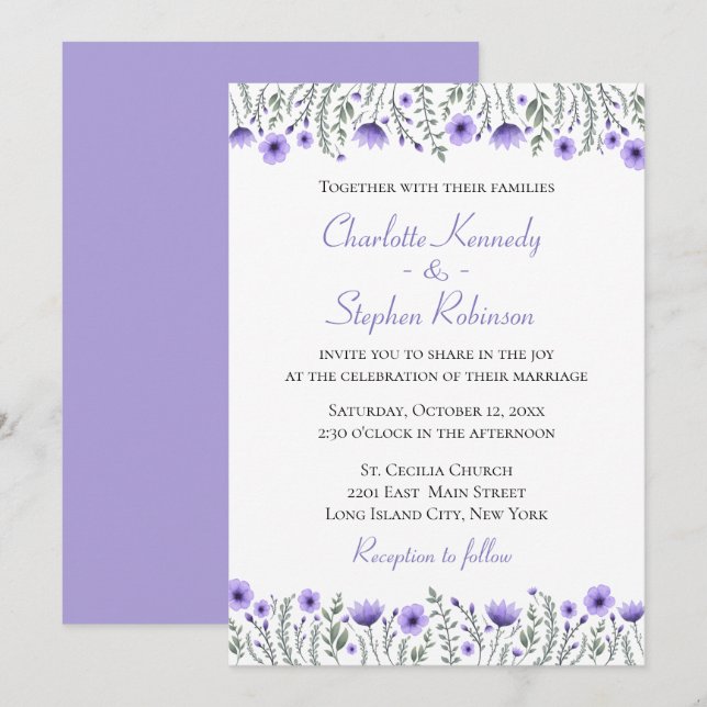 Floral Purple Watercolor Wildflower Wedding Flower Invitation (Front/Back)