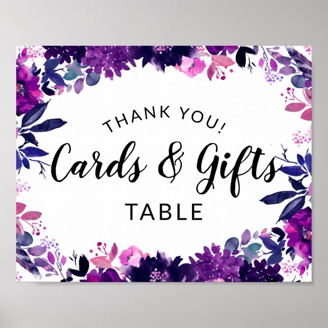 Floral Purple Wedding Cards and Gifts Table Sign (Front)