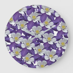 Floral Purple White Columbine Flower Pattern Large Clock