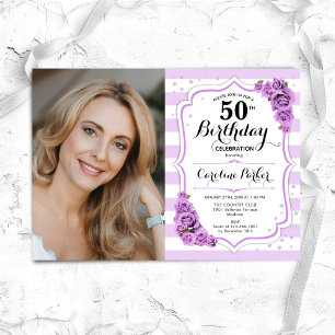Floral Purple White Photo 50th Birthday Invitation