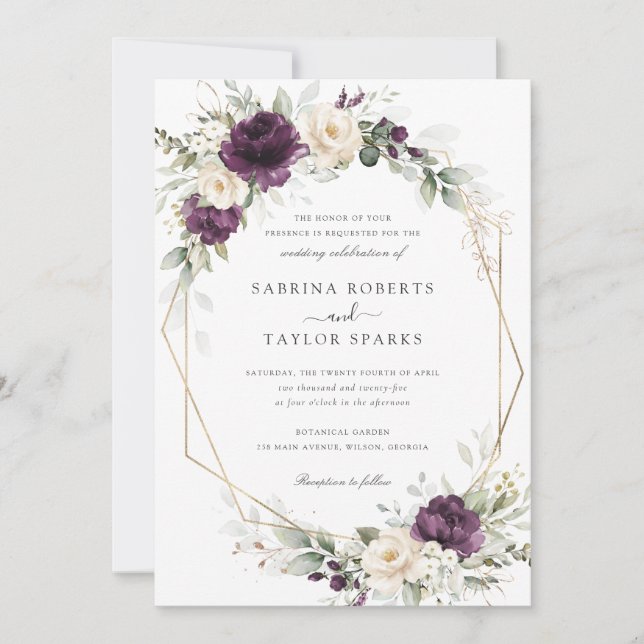 Floral Purple White Plum Greenery Gold Wedding Invitation (Front)