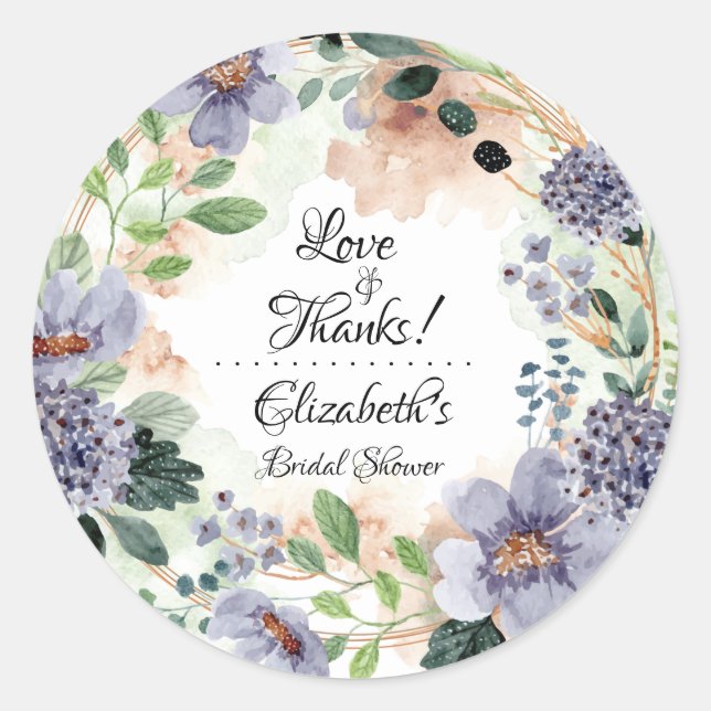 Floral Purple Wreath 'Bridal Shower Classic Round Sticker (Front)