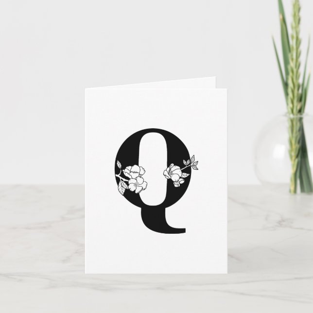 Floral Q Monogram On White Note Card (Front)