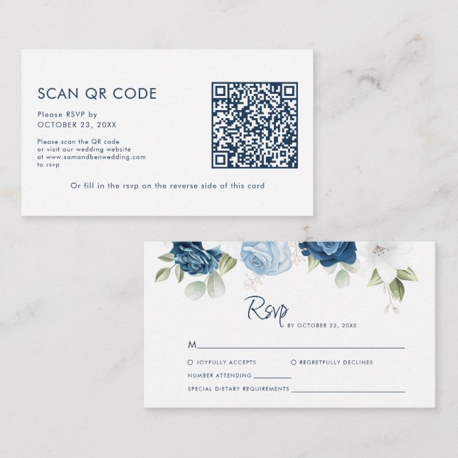 Floral QR Code All in One Wedding RSVP Enclosure Card (Front/Back)