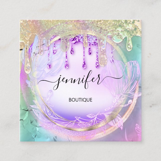 Floral QRCode Acrilic Nails Drips Holograph  Square Business Card (Front)
