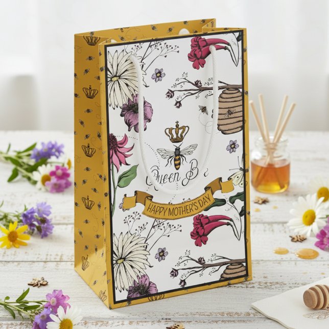 Floral Queen Bee and Gold Crown Photo  Small Gift Bag (Vintage Queen Bee Gift Bags. Floral Honeybee, Beehive & Flowers Pattern in Black for Mother's Day)