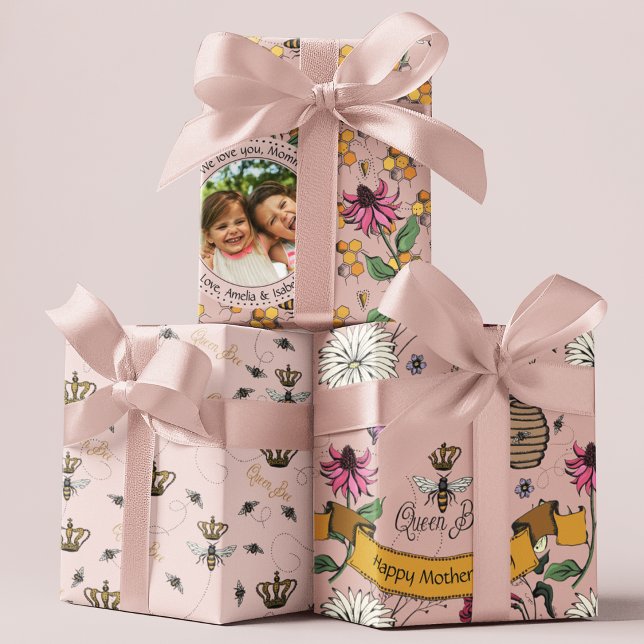 Floral Queen Bee Blush Pink Mothers Day Wrapping Paper Sheet (3 Pretty Hand-Drawn Mothers Day Royal Queen Bee Patterns in Pink. Custom Photo & Personal Messages)