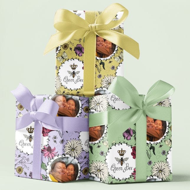 Floral Queen Bee Mothers Day Photo  Wrapping Paper Sheet (Queen Bee Custom Photo with Hand-drawn flowers and bees, bee hive, wildflowers. Leaf circle frame :))