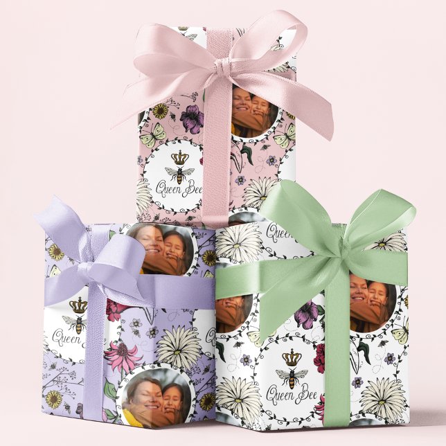 Floral Queen Bee Photo Wrapping Paper Sheet (Beautiful hand-drawn Queen Bee Custom Photo Mothers Day Paper. Queen bee, crown, flowers, bee hive.)