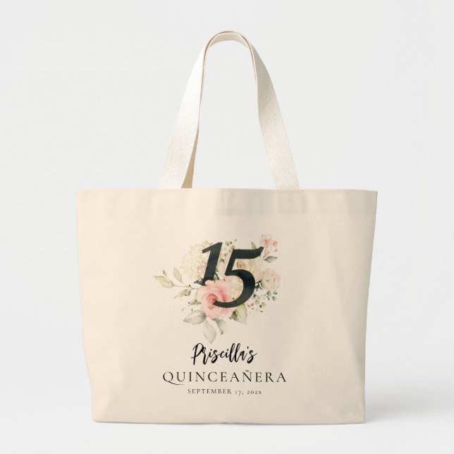 Floral Quinceanera 15th Birthday Keepsake Large Tote Bag (Front)