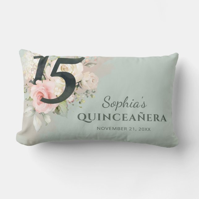 Floral Quinceanera 15th Birthday Party Lumbar Cushion (Front)