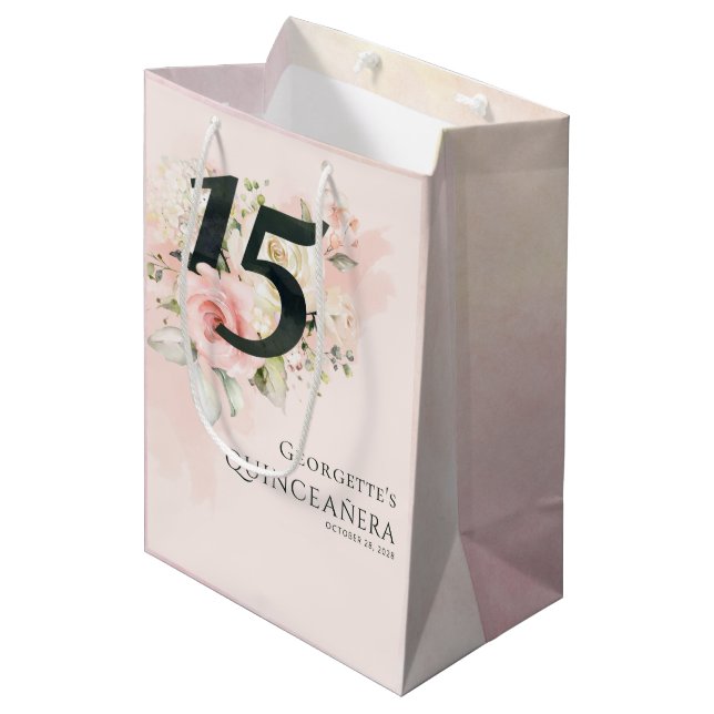 Floral Quinceanera 15th Birthday Pink Greenery Medium Gift Bag (Front Angled)