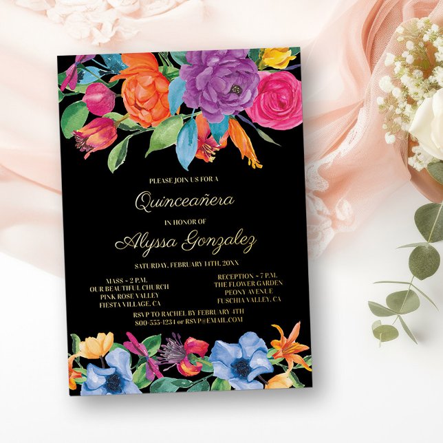 Floral Quinceanera and Mass Fiesta Flower and Gold (Gold Foil Mass and Quinceanera Invitation from my Fiesta Flowers Quinceanera Collection)